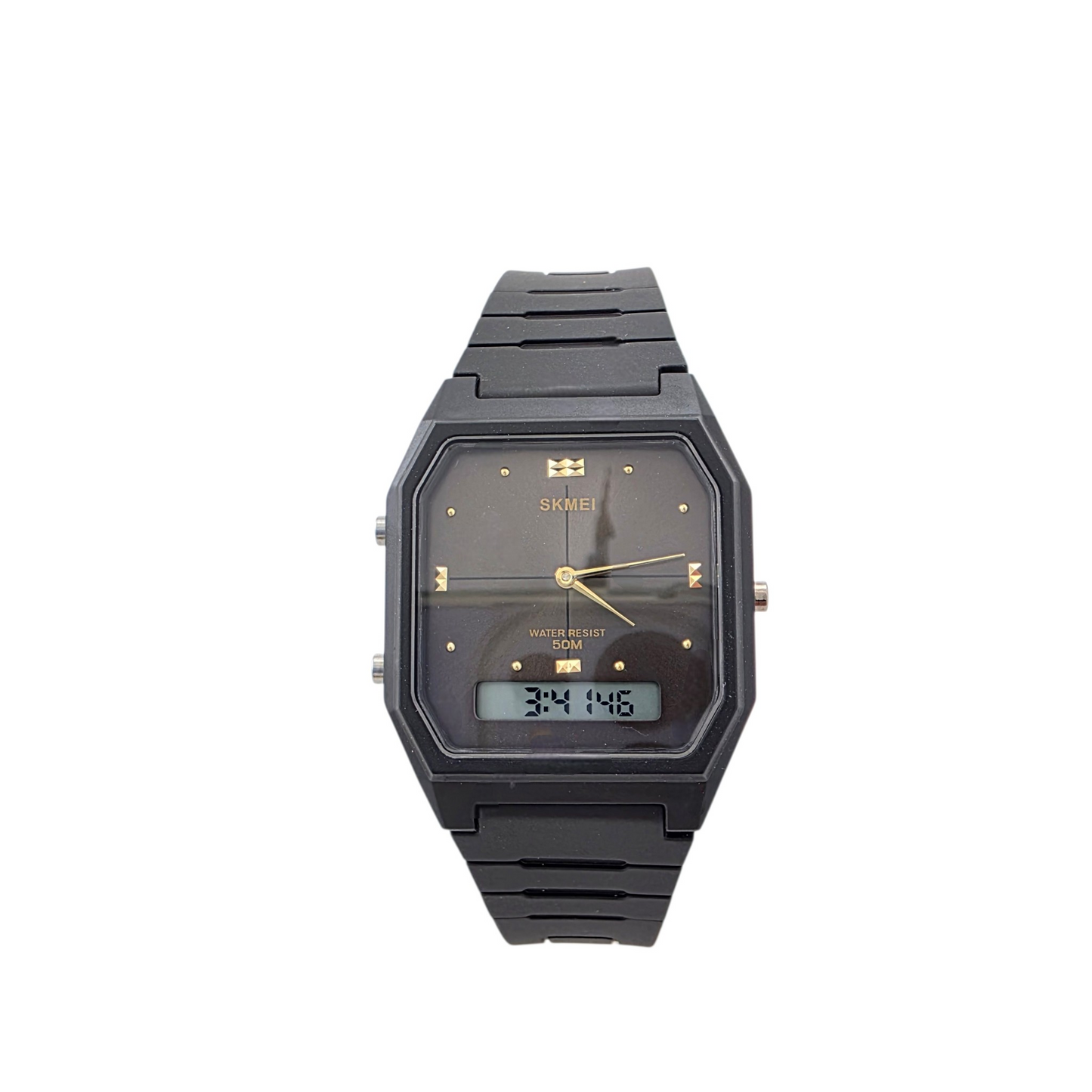 Montre ana-digi noir 30mm cadran analogique digital LCD aiguilles dorées bracelet silicone rétro