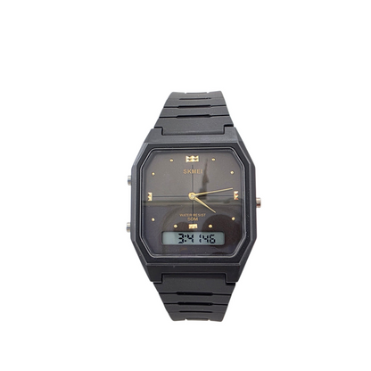 Montre ana-digi noir 30mm cadran analogique digital LCD aiguilles dorées bracelet silicone rétro