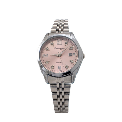 Montre femme tout acier argenté 25mm cadran rose poudré chiffres romains strass bracelet jubilé