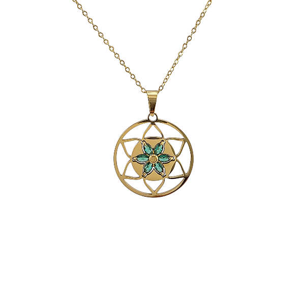 pendentif lotus émeraude 20 mm doré avec chaîne
