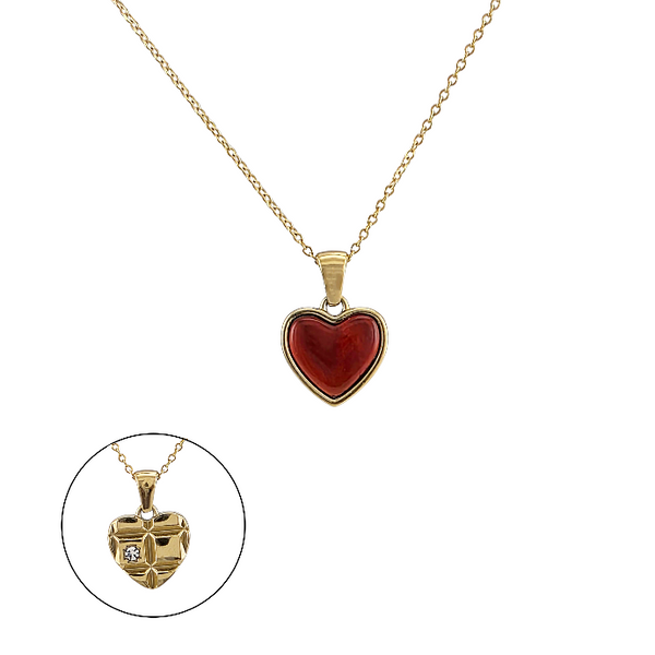 Collier cœur réversible avec chaîne – recto émail rouge, verso doré géométrique avec pierre.